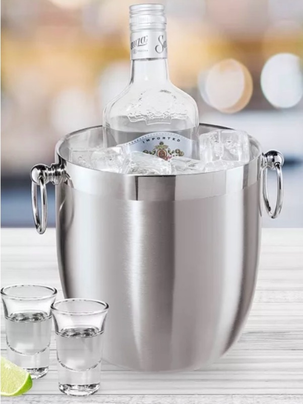 OGGI Stainless Steel Ice Bucket Bottle Chiller with Tongs Brushed Satin 7”x 7” - Picture 11 of 12